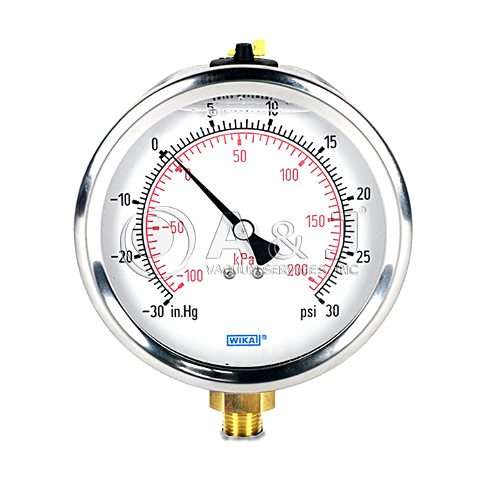 Compound Vacuum Gauge, Liquid Filled,, 4" Dial, 1/4" Bottom Connection, Hg to 0/030 PSI, 38545K18