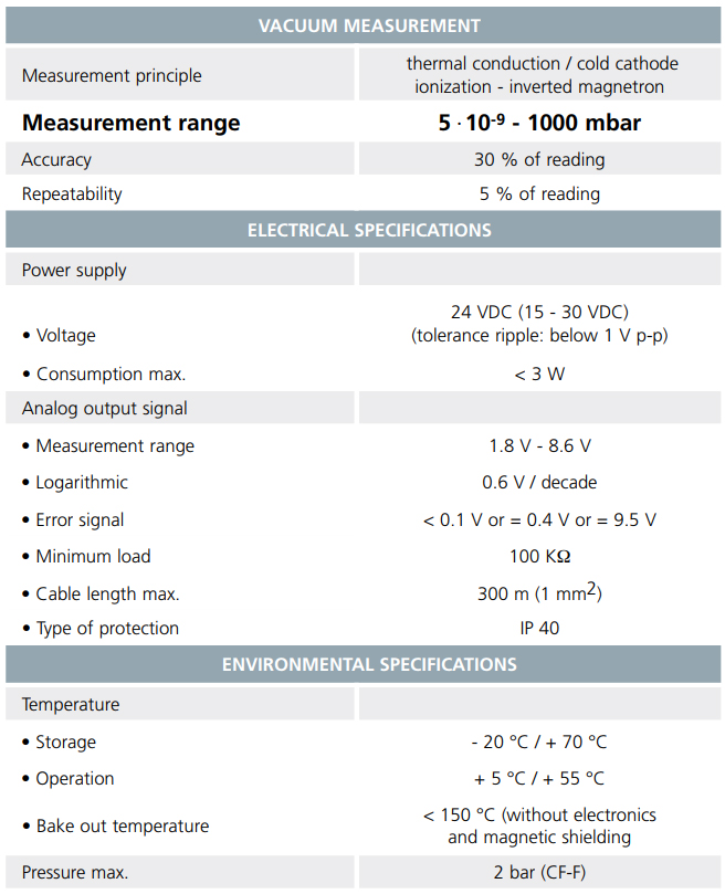 Adixen ACC 2009-SP, Technical Data, 