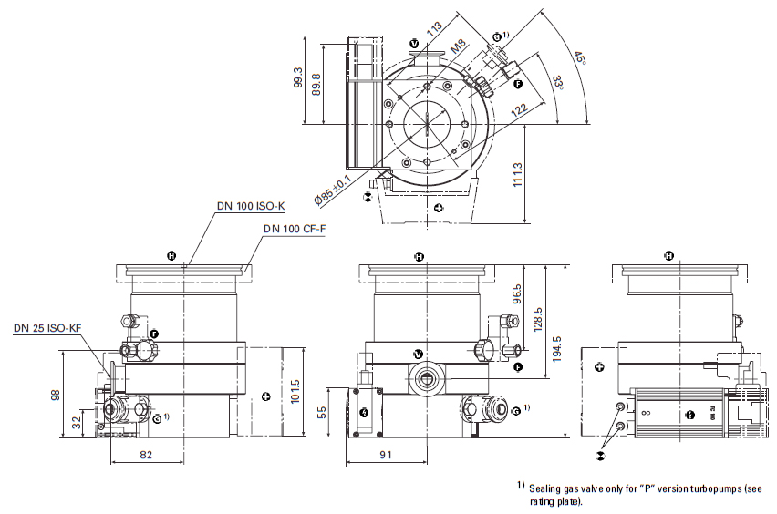 Pfeiffer TMU 262 with TC 100, PMP02995A, PMC01692A Dimensions