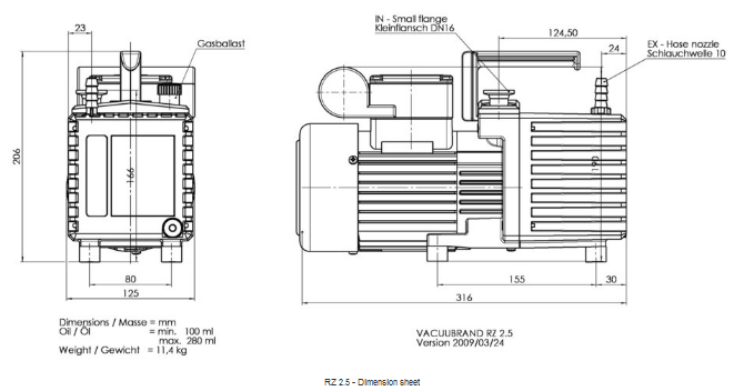 Vacuubrand RZ 2.5 dimensions, 698126, 20698126